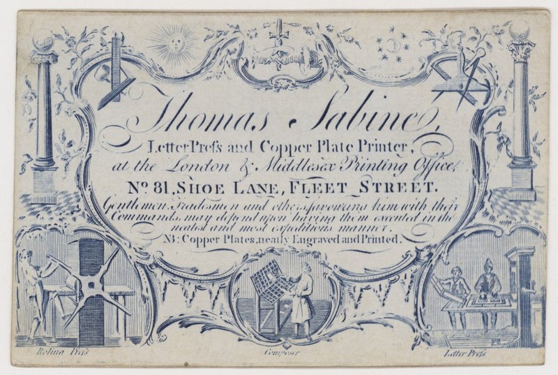 Thomas Sabine Printer, trade card by English School