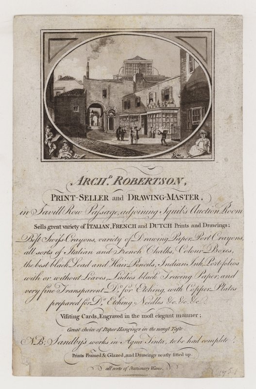 Archibald Robertson Printseller and Drawing Master, trade card by English School