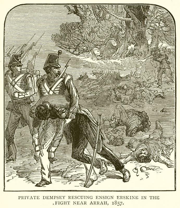 Private Dempsey rescuing Ensign Erskine in the Fight near Arrah, 1857 by English School