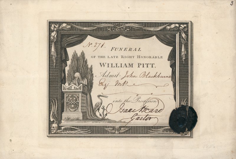 Procession admission ticket to the funeral of William Pitt by English School