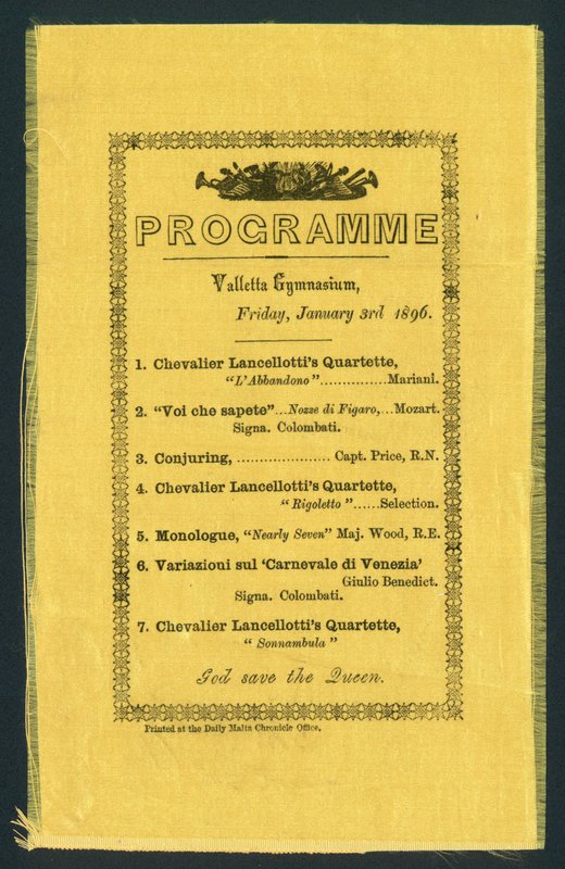 Programme for the Valletta Gymnasium, 3 January 1896 by English School