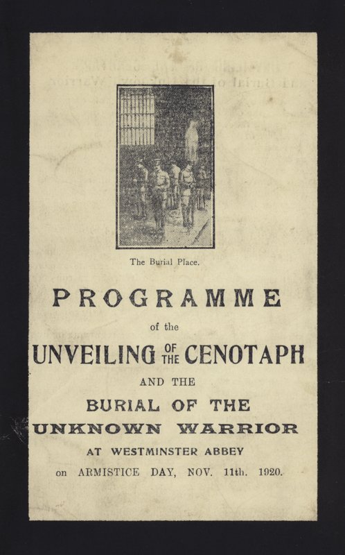 Programme for the unveiling of the Cenotaph and the burial of the Unknown Warrior, Westminster Abbey, London, 11 November 1920 by English School