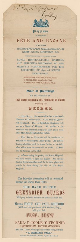 Programme of the grand Fete and Bazaar in aid of the Female School of Art by English School