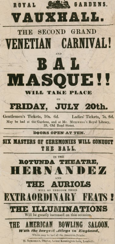 Promotional leaflet for The Second Grand Venetian Carnival and Bal Masque at Royal Gardens, Vauxhall, London by English School