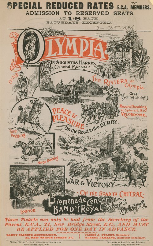 Promotional poster for Olympia, 28 March 1896 by English School