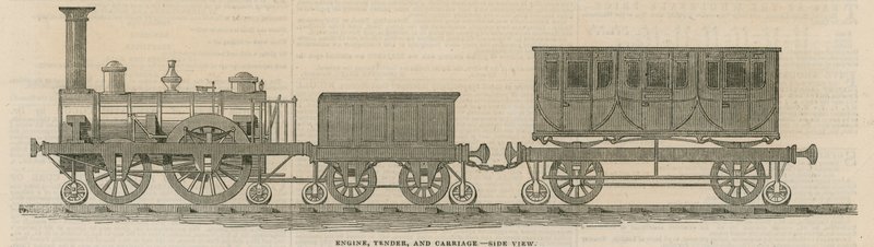 Prossers wooden railway: Engine, tender and carriage, side view by English School