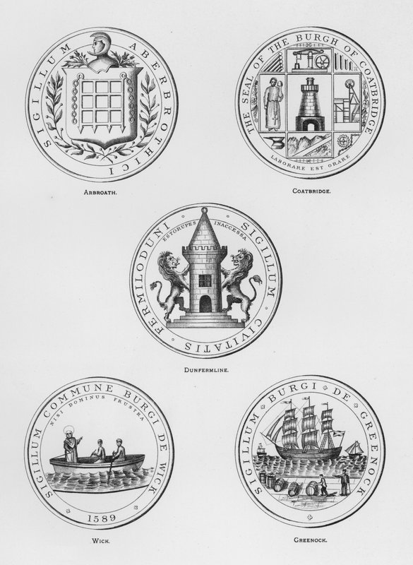 Public Arms: Arbroath; Coatbridge; Dunfermline; Wick; Greenock (engraving) by English School