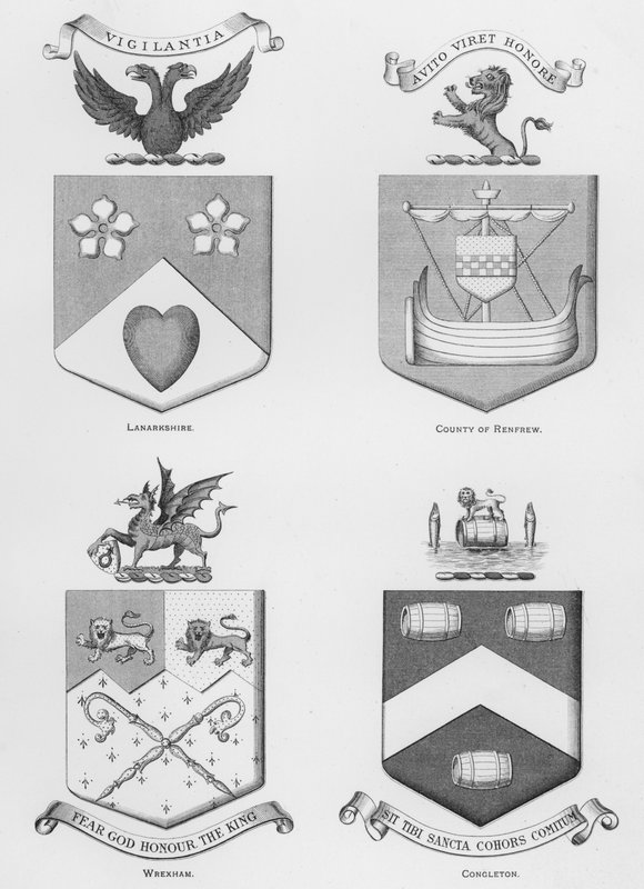 Public Arms: Lanarkshire; County of Renfrew; Wrexham; Congleton (engraving) by English School