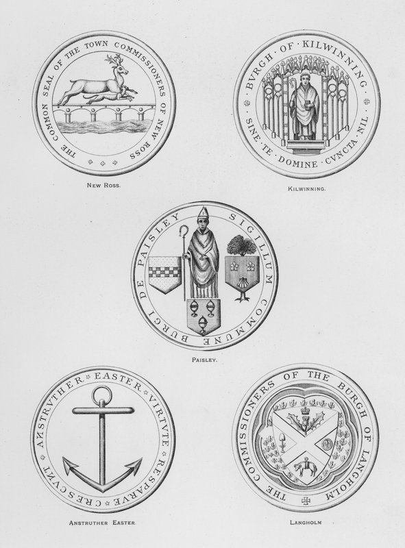 Public Arms: New Ross; Kilwinning; Paisley; Anstruther Easter; Langholm (engraving) by English School