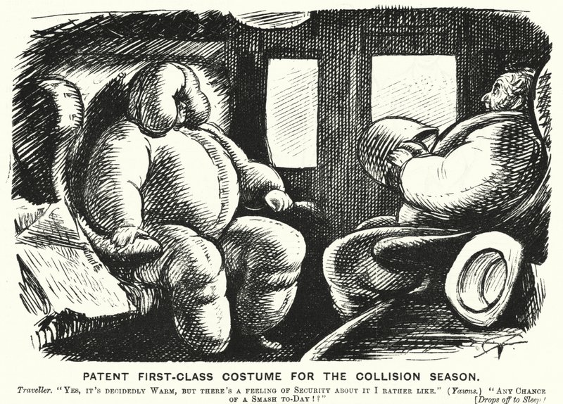 Punch cartoon: Patent First Class Costume for the Collision Season - safety on the railways by English School