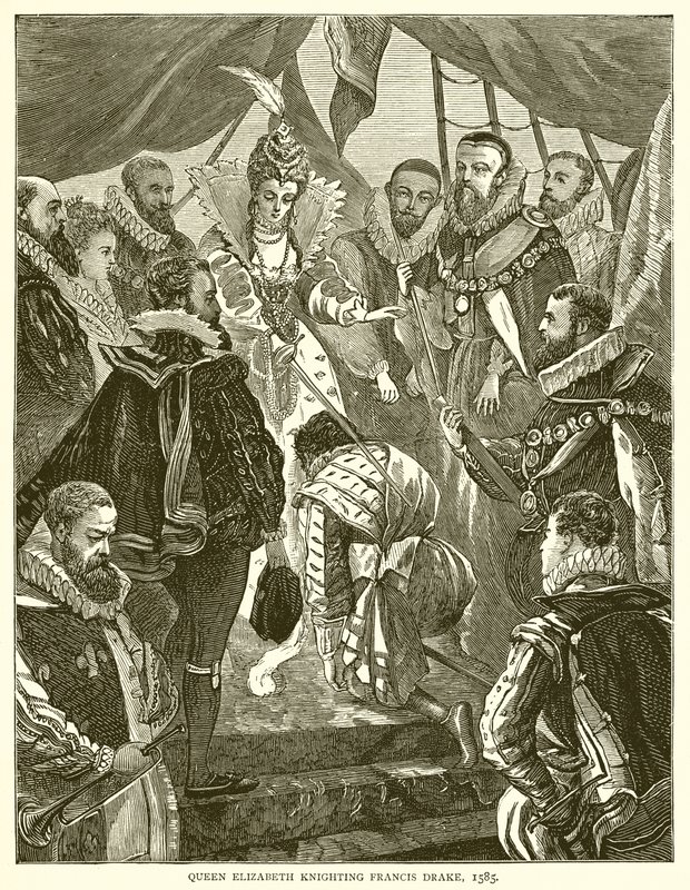Queen Elizabeth knighting Francis Drake, 1585 by English School
