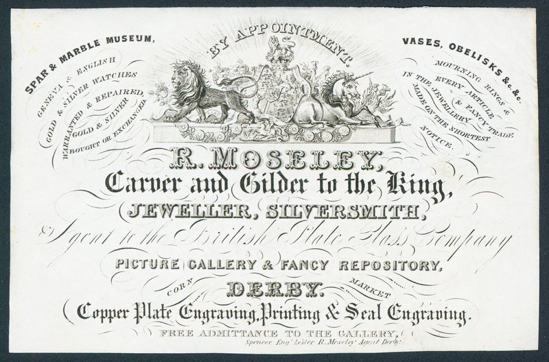 R Moseley, Carver and Gilder to the King, Trade Card by English School
