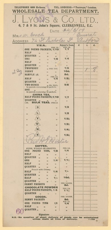 Receipt from J Lyons & Co Ltd, 6-8 St Johns Square, Clerkenwell, London EC by English School