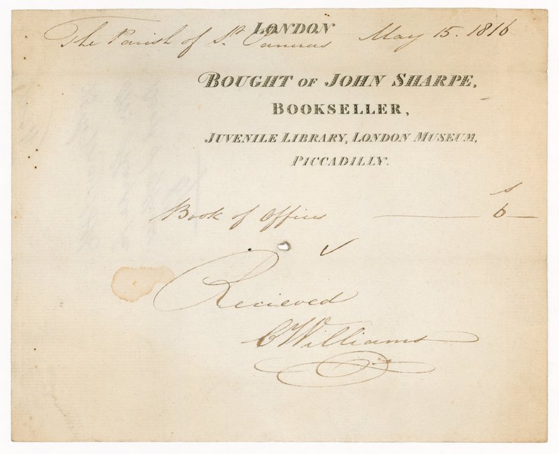 Receipt from John Sharpe, Bookseller, Juvenile Library, London Museum, Piccadilly, London by English School