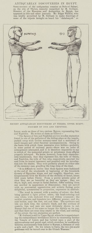Recent Antiquarian Discoveries at Thebes, Upper Egypt, Figures of Isis and Nephthis by English School