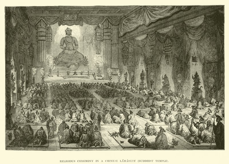 Religious Ceremony in a Chinese Lamasery, Buddhist Temple by English School