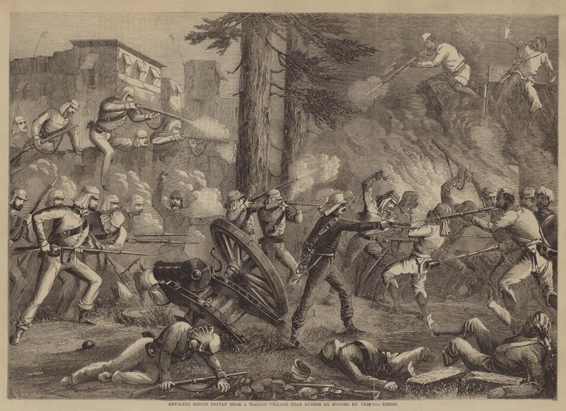 Revolted Sepoys driven from a Walled Village near Guznee de Nugger by the 60th Rifles by English School