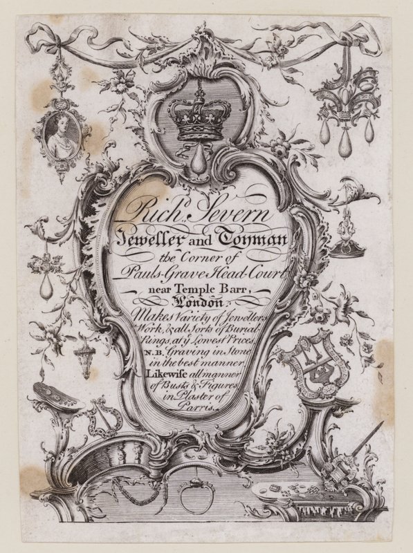 Richard Severn, Jeweller and Toyman, Temple Bar, London, Trade Card by English School