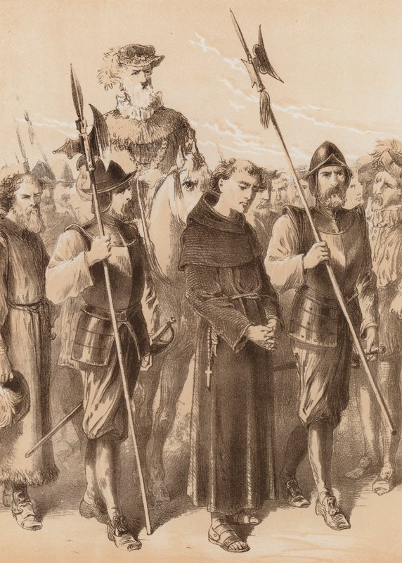 Richard Thirkill, "Guarded by the Sheriff and his men" by English School