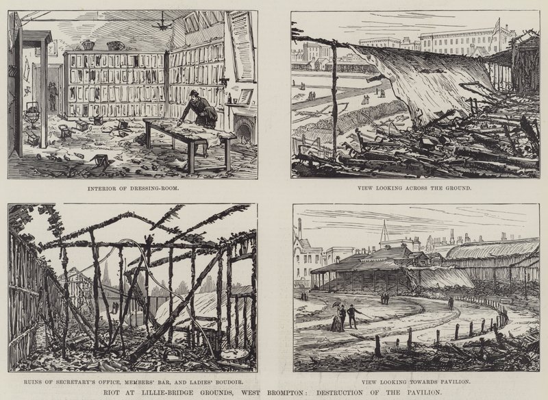 Riot at Lillie-Bridge Grounds, West Brompton, Destruction of the Pavilion by English School