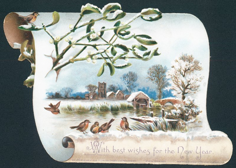 Robins Next to Riverbank, New Year Card by English School