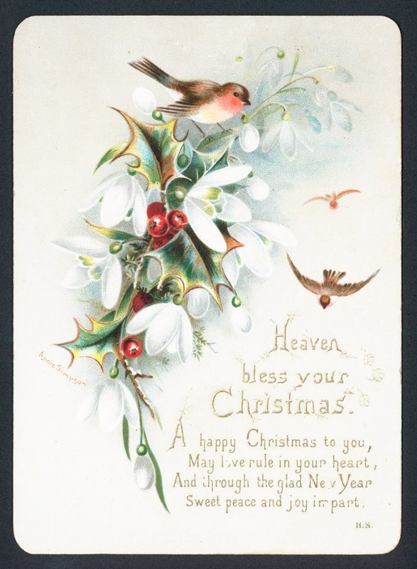 Robins with Holly and Snowdrops by English School