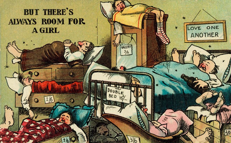 Room full of men sleeping in every space available by English School