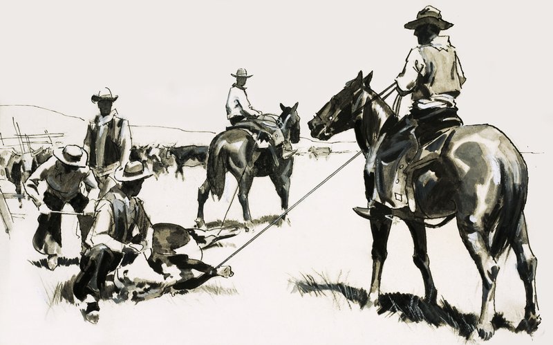 Roping and Branding Cattle in the Wild West by English School