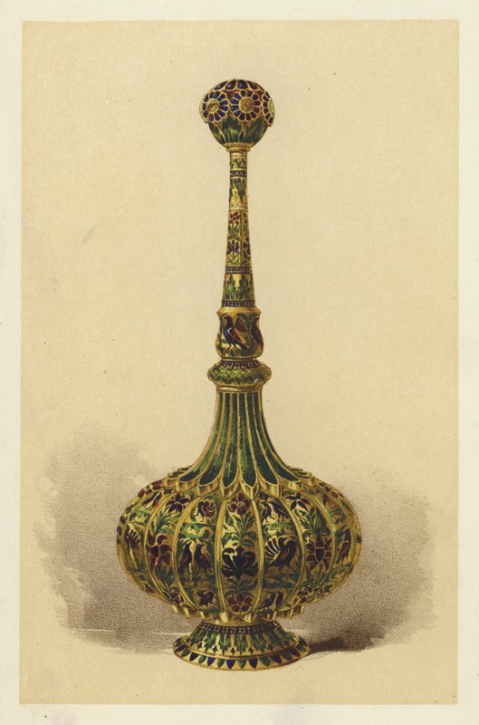 Rosewater Bottle, or Sprinkler, in Silver Gilt, and Enamelled by English School