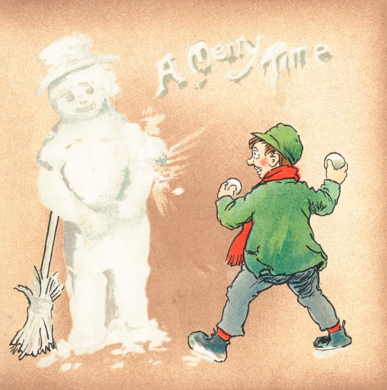 Rough Boy Throwing Snowballs at Snowman, Christmas Card by English School