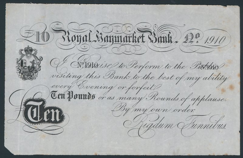 Royal Haymarket Bank, joke theatrical bank note by English School