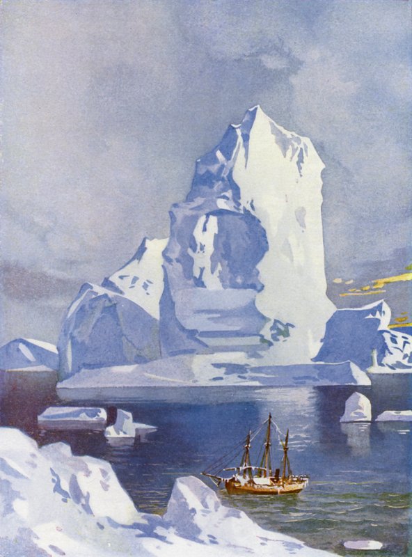 Sailing ship in front of a giant iceberg by English School