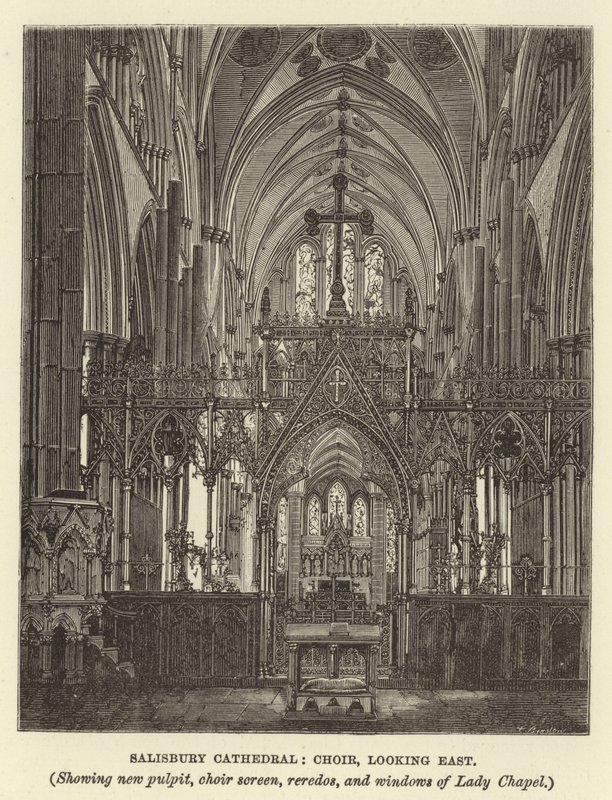 Salisbury Cathedral, Choir, Looking East, Showing New Pulpit, Choir Screen, Reredos, and Windows of Lady Chapel by English School