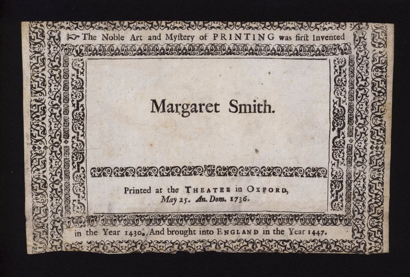 Sample of printing done at the Sheldonian Theatre, Oxford, on 25 May 1736 by English School