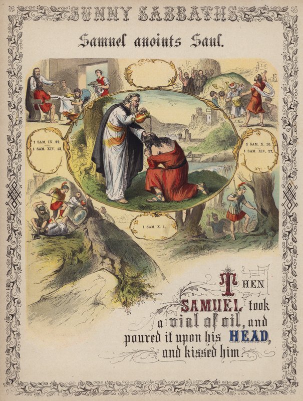 Samuel Anoints Saul (coloured engraving) by English School