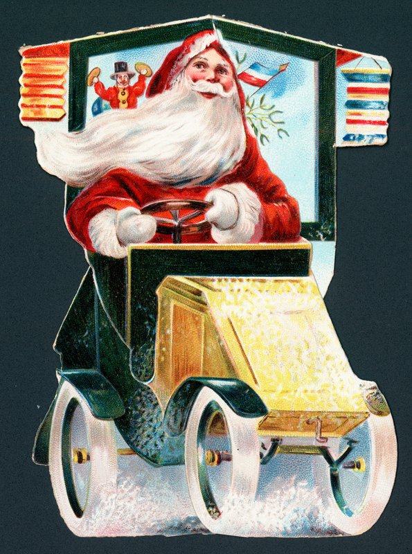 Santa Claus Driving a Car, Christmas Card by English School