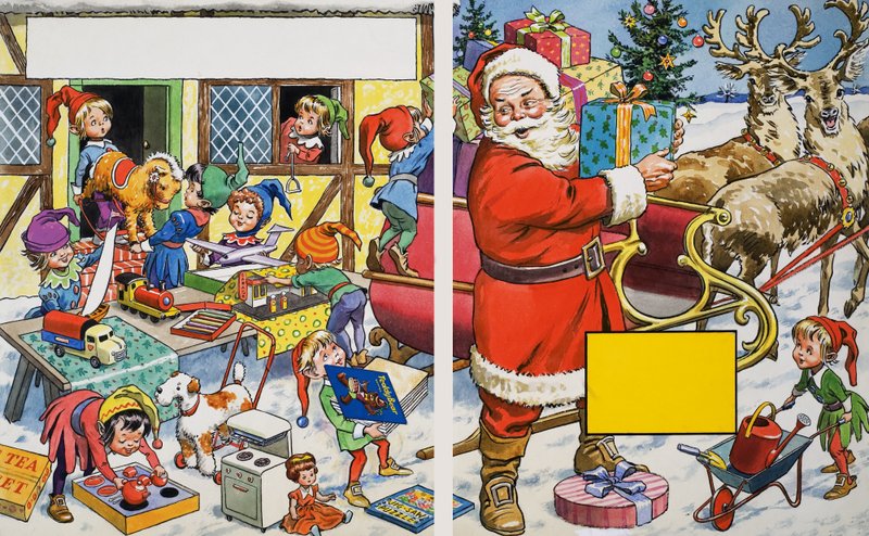 Santa Claus organising presents by English School