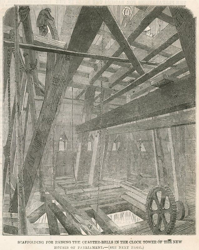 Scaffolding for raising the quarter-bells in the Clock Tower of the new Houses of Parliament by English School