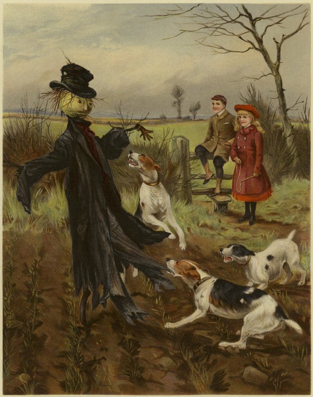 Scarecrow Being Attacked by a Pack of Dogs as a Boy and Girl Watch by English School