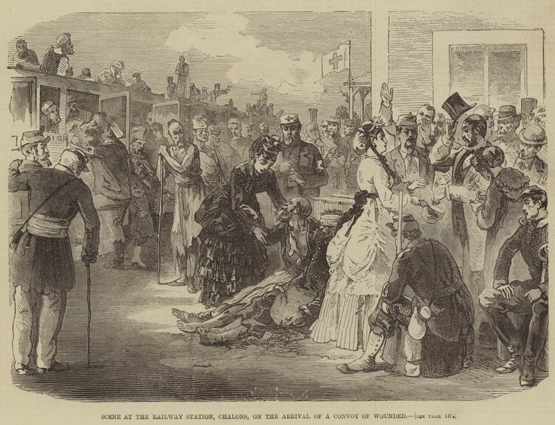 Scene at the Railway Station, Chalons, on the Arrival of a Convoy of Wounded by English School