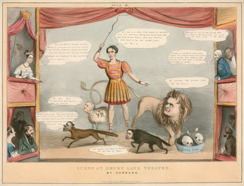 Scene from Drury Lane Theatre, London; cartoon by English School