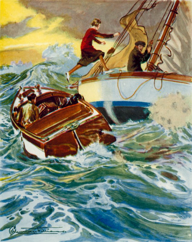 Scene from Four Valves and Sheila: A Woman Leaping from a Motor Boat to a Yacht in Rough Seas by English School