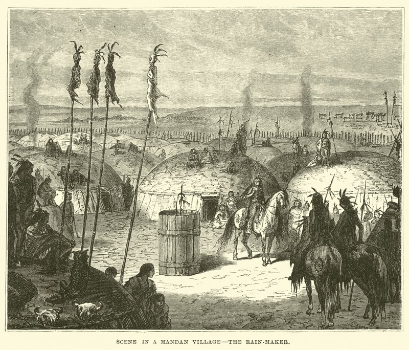 Scene in a Mandan village, the Rain-maker by English School