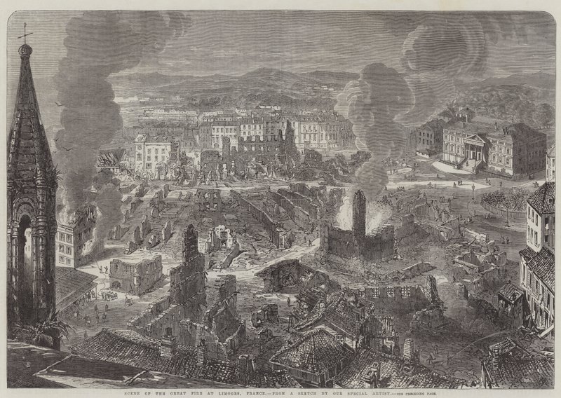 Scene of the Great Fire at Limoges, France by English School