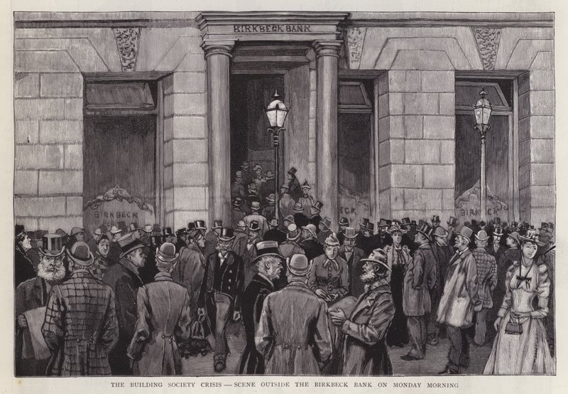 Scene outside the Birkbeck Bank, London, during the building society crisis of 1892 by English School