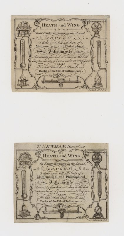 Heath and Wing and its successor T Newman Scientific Instrument Makers, trade cards by English School
