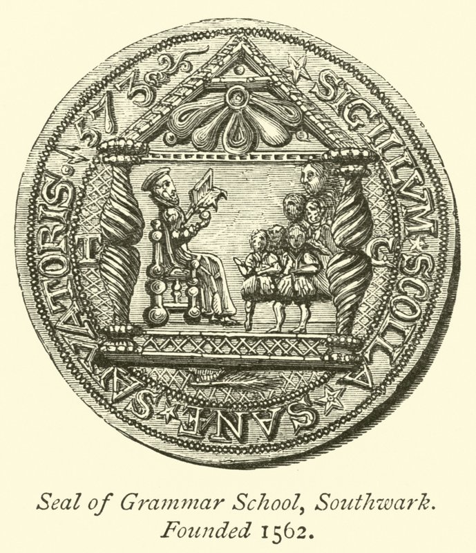 Seal of Grammar School, Southwark, founded 1562 by English School