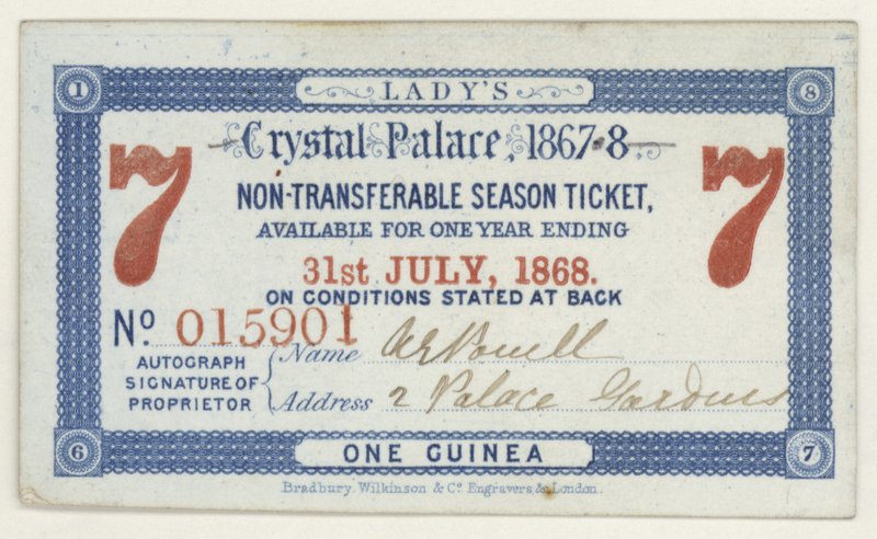 Season ticket for the Crystal Palace, London, 1867-1868 by English School