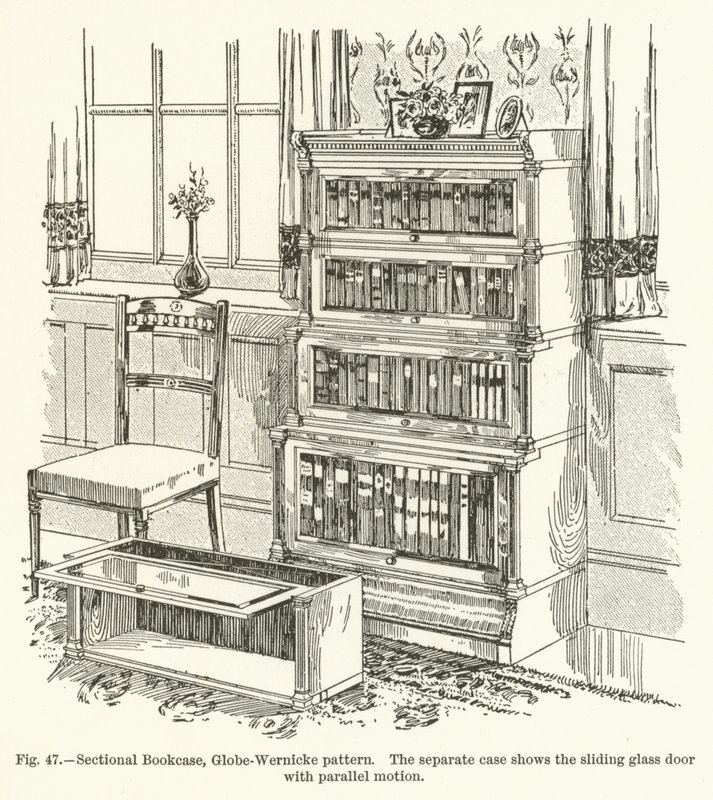 Sectional Bookcase, Globe-Wernicke pattern, the separate case shows the sliding glass door with parallel motion by English School