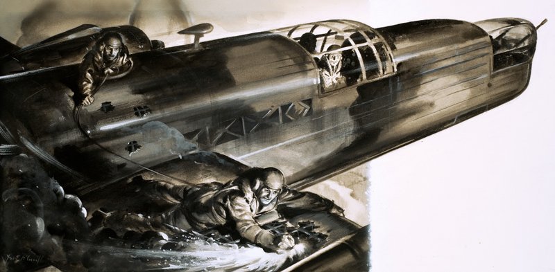 Sergeant James Allen Ward walking the wing of a Wellington bomber by English School